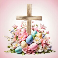 A wooden cross adorned with spring blooming flowers and colorful pastel Easter eggs, set against a soft pink white background, Christian Easter decoration