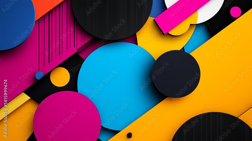 Poster geometric shapes overlap with vibrant colors including circles and rectangles on an abstract backgro
