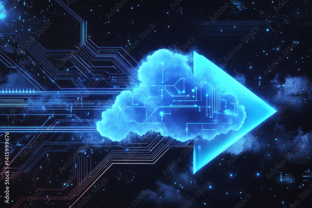 Poster a blue arrow pointing to the right, inside of which is an illustration of a cloud with glowing lines