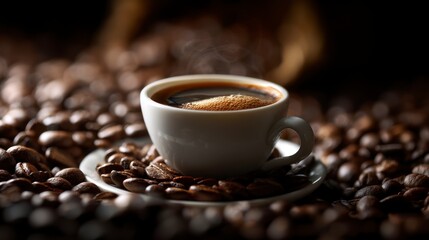 Fototapeta premium Enjoying Freshly Brewed Hot Coffee Cup Surrounded by Roasted Coffee Beans