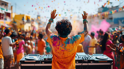 Vibrant Holi Festival DJ: Colorful Crowd, Energetic Music