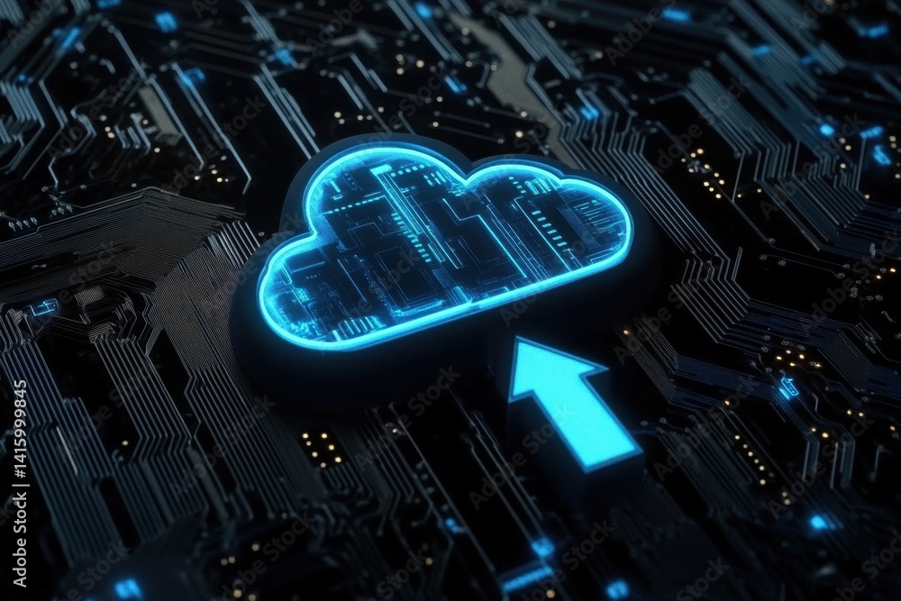 Poster a blue arrow pointing up to a cloud icon on a black background with circuit board elements, symboliz