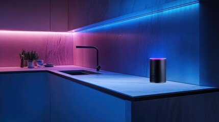 Kitchen scene with speaker issuing voice command while lights adjust