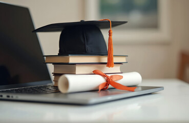 Graduation concept photo. Mortarboard hat, books, diploma scroll rest on laptop. Education, online learning, e-learning, distance education, university, college courses modern trends. Graduation
