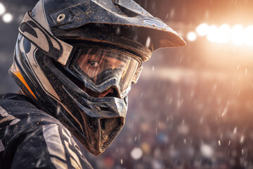 A motocross racer wearing a mud-covered helmet and goggles looks intensely over the shoulder amid artificial light and rain, the stadium blurred in the background
