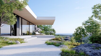 Modern, minimalist home with a stunning patio overlooking a scenic landscape.  