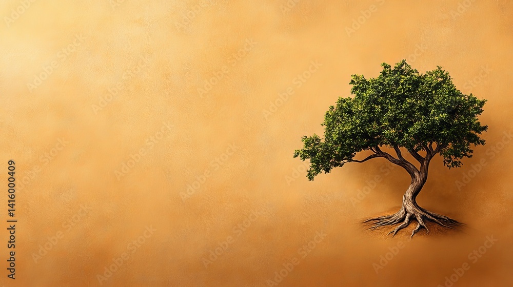 Poster green tree grows against a textured orange background with visible roots and branches.