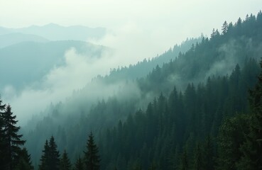 Misty mountain forest scenery with fog. Tree silhouettes on hills during morning mist. Foggy landscape with green trees, peaceful serene nature. Travel adventure background, postcard.