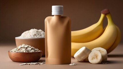 Nutritious scene displays bananas, oats, and baby food pouch with copy space. Ideal for mock-up.