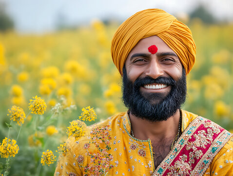 Smiling Sikh Man in Mustard Field: Joyful Portrait in Golden Hues