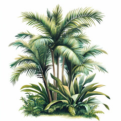 Lush tropical palm trees, vibrant foliage, white background, nature design