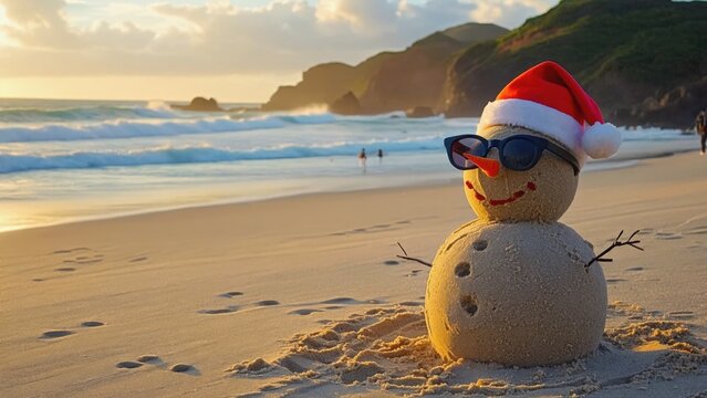 Sandman decoration on a beach. Fun and festive, perfect for the holidays.