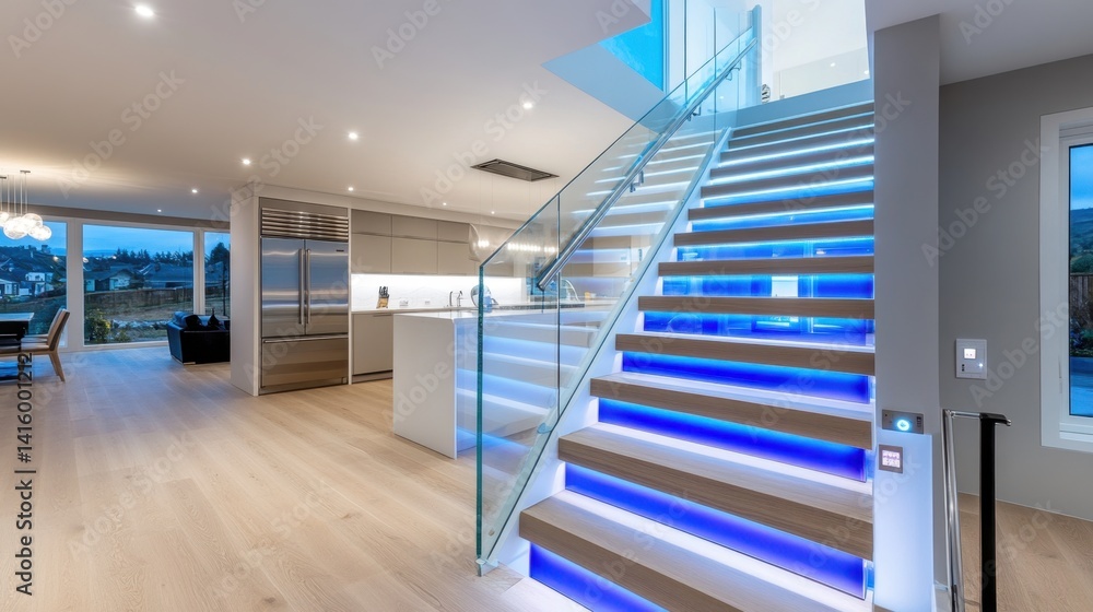 Poster modern staircase with motion-activated led lights and integrated security sensors