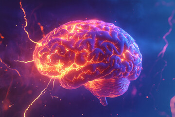 Obraz premium Human brain digital illustration. Electrical activity, flashes and lightning on a blue background. 