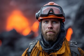 Obraz premium Focused person wearing safety gear and helmet, standing against a fiery background, suggesting a hazardous environment. The clothing is dusty and rugged, indicating tough conditions