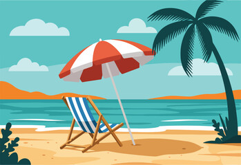 Illustration of a serene beach with a striped lounge chair, umbrella, and a toy shovel. Summer holiday and relaxation