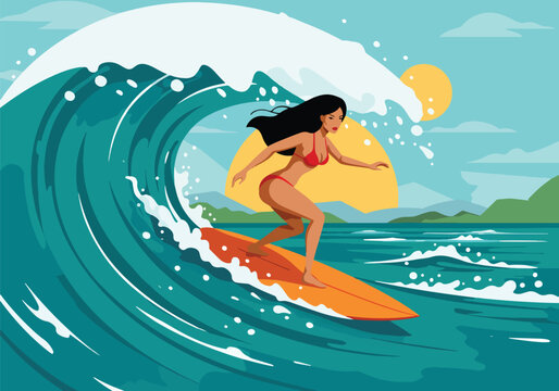 Illustration of a female surfer riding a large ocean wave near a tropical shore. Surfing, beach life, and summer fun - Powered by Adobe
