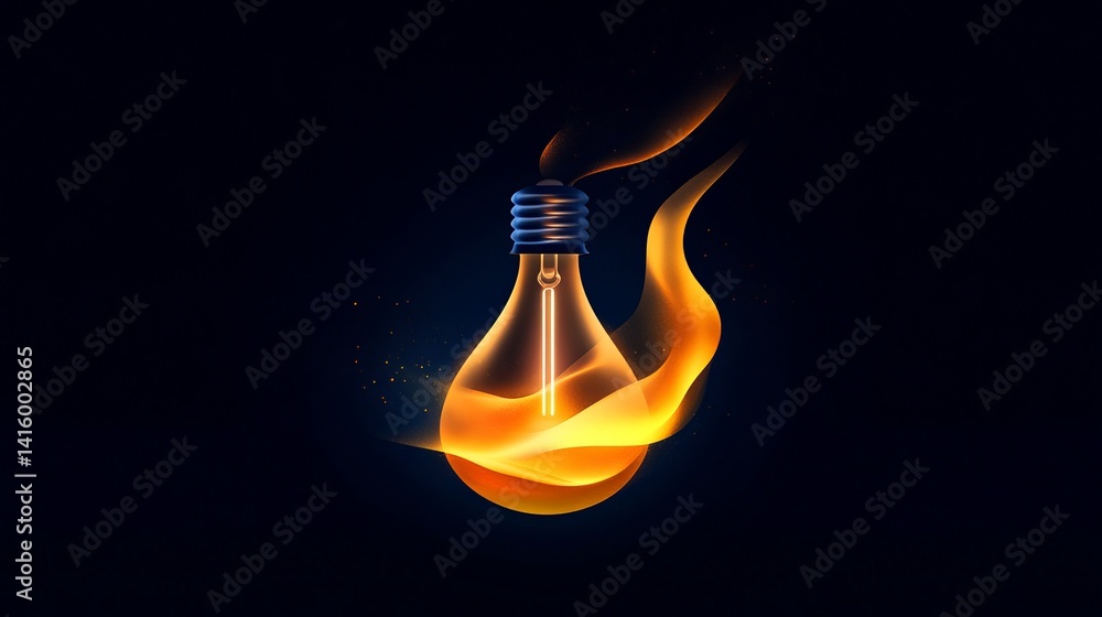 Poster lightbulb is engulfed in flames with glowing filament on a dark background, creating a fiery effect.