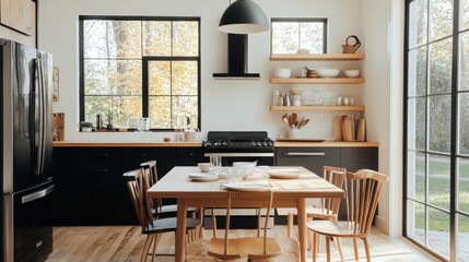 Sleek kitchen with app-enabled appliances and smart lighting synced with natural daylight