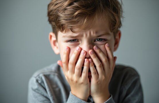Sad boy covers face with hands. Child hiding face, experiencing sorrow pain, represents childhood struggles, mental health challenges. World Autism Awareness Day. Focus on psychology, depression,
