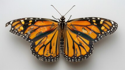 Fototapeta premium Brilliant monarch butterfly with its wings fully spread orange and black patterns crisp white background macro wildlife photography