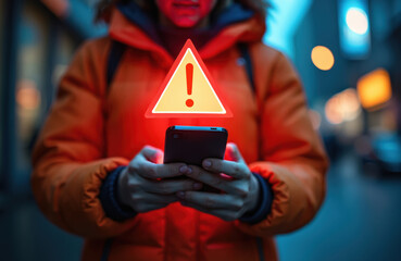 Person using smartphone with warning caution sign. Cyber security alert, notification about virus attack or system error on mobile phone. Data breach, online fraud danger, illegal connection concept.