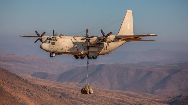Cargo Plane Drops Vehicles by Parachute Over Remote Terrain Generative AI