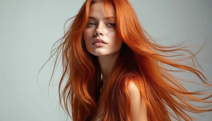 Studio beauty shot young woman with long silky red ginger hair. Model with freckles, vibrant style, healthy skin. Hair product advertisement. Hair care treatment, cosmetic concept.