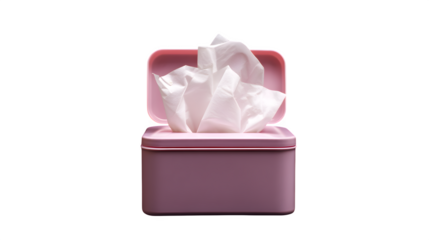 Pink baby wipes container with white wipes protruding from the top, isolated on a black studio background --ar 16:9 --v 7.0