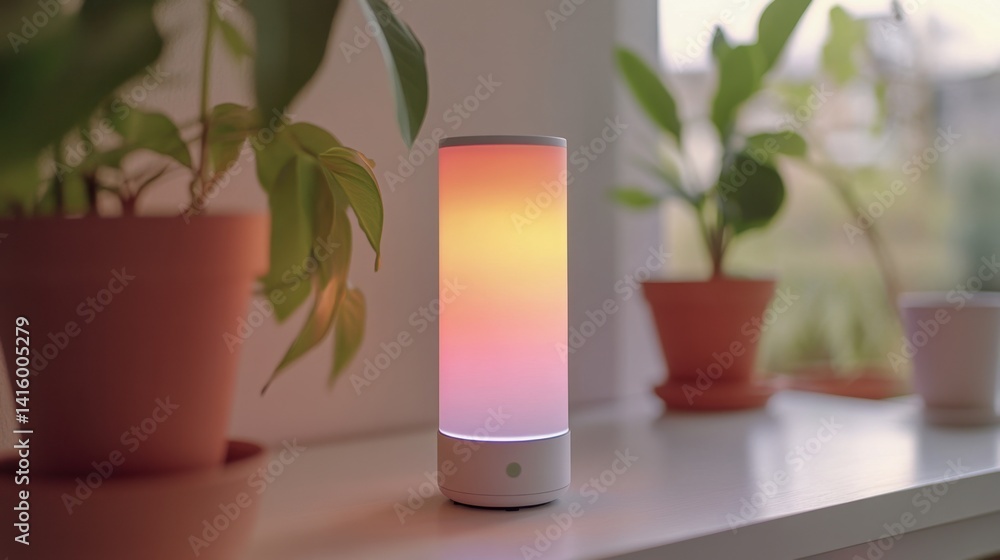 Poster smart speaker with ambient lighting responding to voice command on shelf