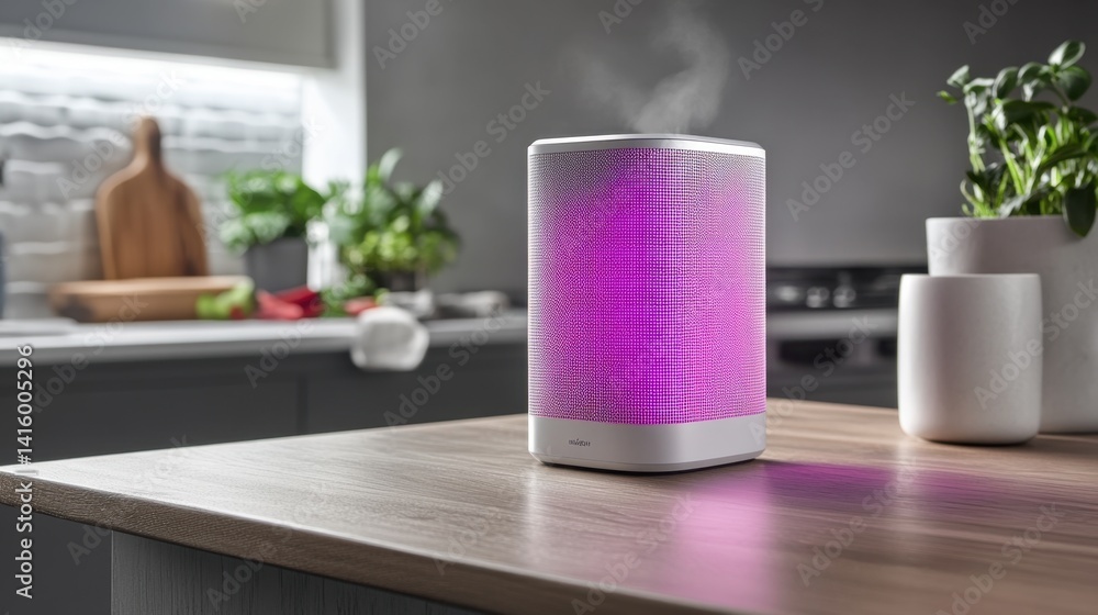 Poster smart speaker with ambient lighting responding to voice command on shelf