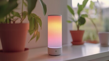 Smart speaker with ambient lighting responding to voice command on shelf