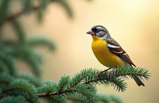 Male cirl bunting bird perches on evergreen tree branch. Vibrant yellow plumage color. Nature, wildlife photo. European passerine bird, forest background with free copy space.