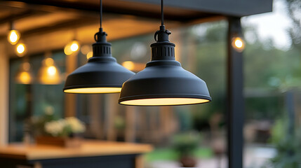 Outdoor patio pendant lights illuminating evening scene