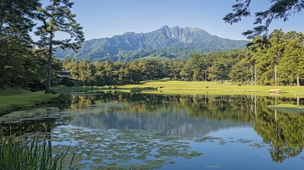 Peaceful reflection of Mount Bandai on calm waters of Lake Hibara under a clear sky