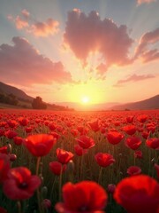 Warm evening light on blooming meadow of poppies