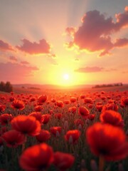Peaceful poppy landscape under glowing sunset