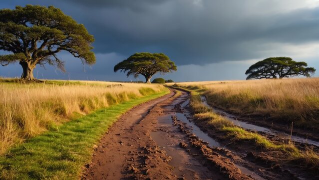 A muddy dirt road leading through a barren landscape with trees, clouds, and a wilderness setting.