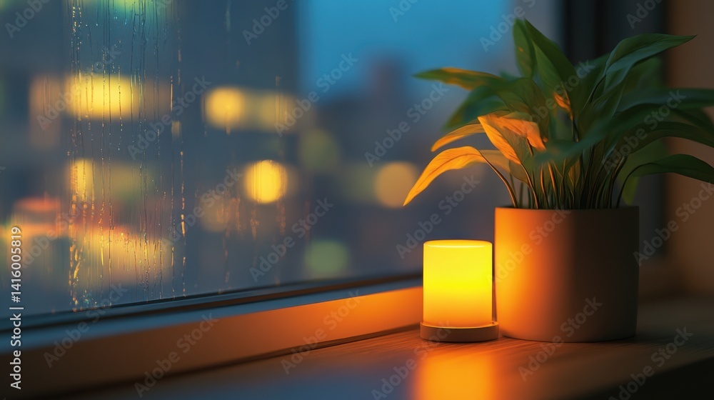 Poster smart window sensors glowing in low light, signaling secure home status