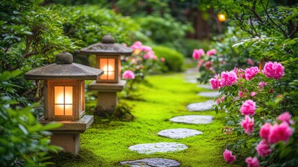 Peaceful stone lanterns lined along a quiet mossy path in a shrine garden in Hirosaki