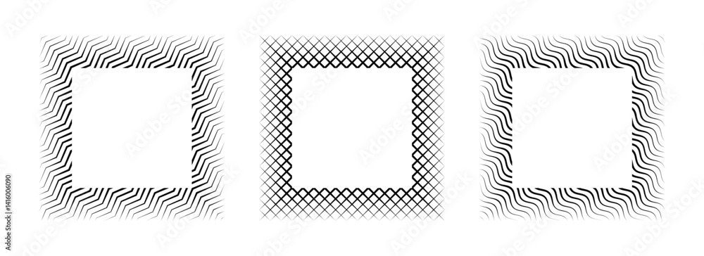 Poster Black wavy and zig zag square frame set. Striped geometric minimalist border collection Thin line picture frame bundle. Vector simple boarder element pack for photo, cadre, poster, card, decor