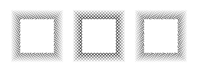 Black wavy and zig zag square frame set. Striped geometric minimalist border collection Thin line picture frame bundle. Vector simple boarder element pack for photo, cadre, poster, card, decor