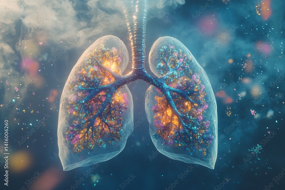Poster digital rendering of human lungs with illuminated particles