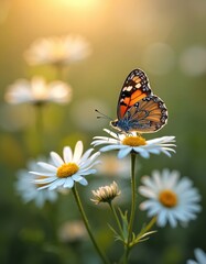 Fototapeta premium Close-up macro photo of butterfly sitting on daisy flower in morning. Spring natural background with wild flowers, fresh grass and soft sunlight. Butterfly sits on the white daisy, peaceful eco scene.