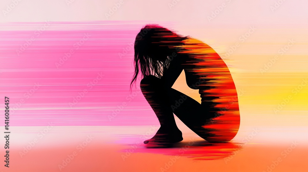 Poster silhouette of seated figure merges with vibrant horizontal streaks of color, creating a digital abst
