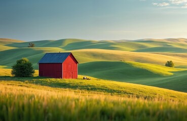 Red barn stands in rolling Palouse wheat field. Golden hour light, green hills, blue sky. Rural landscape, agricultural scenery. Idaho farm. Travel destination, scenic view.