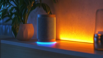Voice control system device on living room shelf beside decorative items and smart lighting