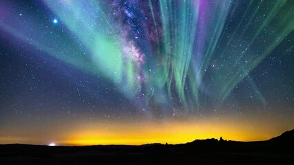 Aurora Green Purple and Milky Way Galaxy Over Horizon South Tilt Up