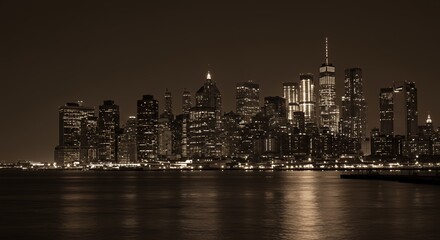 Fototapeta premium Night City Skyline Reflection in Calm Water