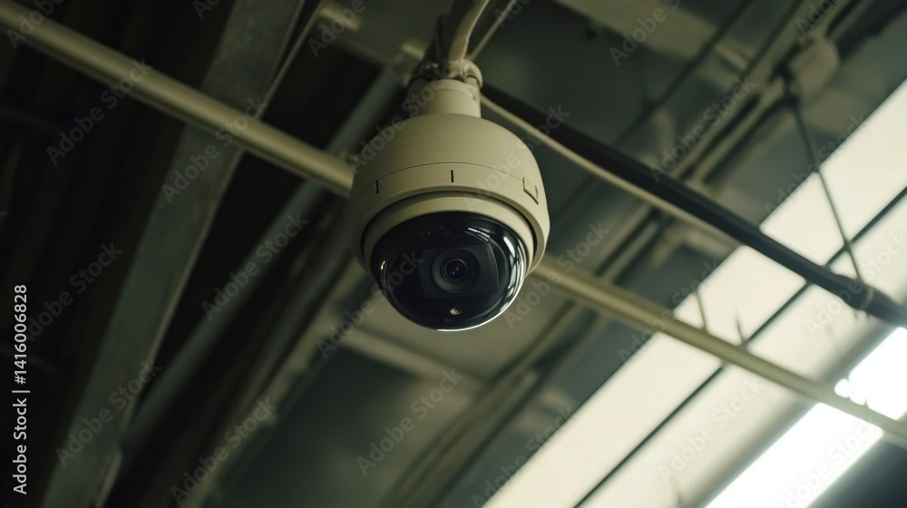 Poster wide-angle camera with built-in motion detection mounted under ceiling